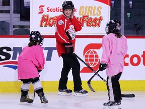 Olympic gold medalist Cassie Campbell-Pascall coaches novice level girls in the Scotiabank Girls HockeyFest at the Saddledome in Calgary on Sunday, Jan. 8, 2017.