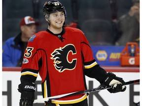 Calgary Flames Sam Bennett skates during warm-up before their game against the New Jersey Devils in NHL hockey action at the Scotiabank Saddledome in Calgary, Alta. on Friday January 13, 2017.