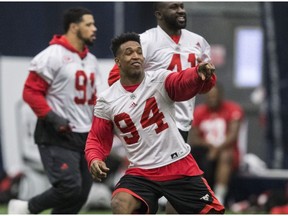 Calgary Stampeders defensive lineman Frank Beltre yuks it up during Grey Cup week in Toronto on Nov. 25, 2016. (File)