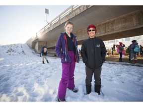 Reilly McMillan (left) and Kyle Lewis, grade six students at Langevin School, are pictured beneath the 4 Avenue Flyover in downtown Calgary on Friday, Jan. 20, 2017. The pair are part of a project that will partner sixth grade students with University of Calgary landscape architecture students to reimagine the unused space.