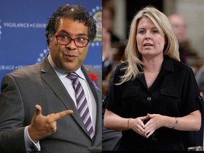 On the left, Calgary Mayor Naheed Nenshi. On the right, Conservative  Calgary MP Michelle Rempel. Both images from file photos