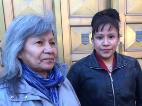 Linda Oakes, left, and her daughter Colleen Oakes outside Calgary court on January 12, 2016 after Linda's niece Connie Oakes' appeal on second-degree murder conviction of Casey Armstrong in Medicine Hat.