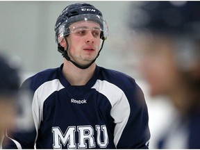 Mount Royal Cougars forward Connor Rankin practises in Calgary on Wednesday, Jan. 25, 2017. The former Calgary Hitmen player is leading the Canada West Conference in scoring. (Jim Wells)
