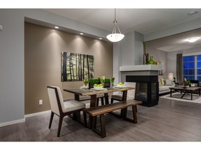 The dining area in the Tristan duplex show home by Homes by Avi in Savanna in Saddle Ridge.
