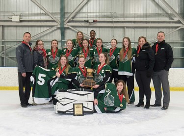 The Spruce Grove Wrath claimed the Esso Golden Ring U16A final ringette title at Don Hartman North East Sportsplex in Calgary on Sunday, Jan. 15, 2017. Photo by Maxwell Mawji.