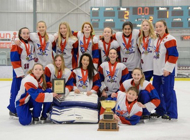 Calgary White won the U14AA final at the Esso Golden Ring ringette tournament at Don Hartman North East Sportsplex in Calgary on Sunday, Jan. 15, 2017. Photo by Ashley Orzel.