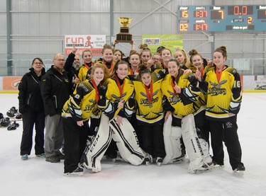 The Regina Stingers were the U16AA ringette champions at the Esso Golden Ring championship at Don Hartman North East Sportsplex in Calgary on Sunday, Jan. 15, 2017. Photo by Ashley Orzel.