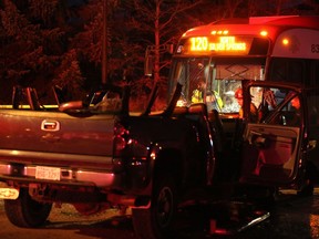 Emergency workers at the scene of a collision between a city bus and a truck on Silvergrove Dr. N.W. in Calgary, Alta., on Thursday January 26, 2017. Leah Hennel/Postmedia