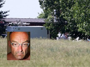 A photo of Garland's injuries at the time of his arrest are seen over an image of police investigators collect evidence at the Airdrie acreage.