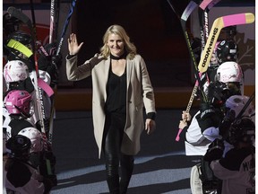 Canadian hockey player Hayley Wickenheiser is honoured on her retirement before the Calgary Flames and Edmonton Oilers game in Edmonton, Alta., on Saturday January 14, 2017.