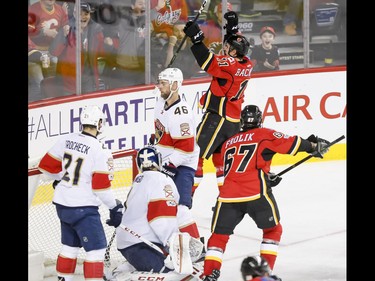 Mikael Backlund of the Calgary Flames celebrates his second of two second-period goals on the Florida Panthers during NHL action in Calgary, Alta., on Tuesday, Jan. 17, 2017. Lyle Aspinall/Postmedia Network