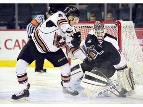 With Monday's last shootout chance, Carson Twarynski ran out of real estate against David Tendeck, as the Calgary Hitmen fell 5-4 to the visiting Vancouver Giants on Jan. 2. (Ryan McLeod)