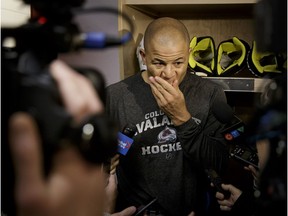 Jarome Iginla of the Colorado Avalanche chats with media after a team practice at the Scotiabank Saddledome in Calgary, Alta., on Tuesday, Jan. 3, 2017. The Calgary Flames host the Avalanche Wednesday, with speculation that it could be Iginla's final game at the Saddledome. (Lyle Aspinall)