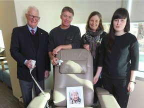 (L-R) Jim Gray, his son Ken Gray, daughter Christine Shields, and granddaughter Meghan Shields pose at the Sheldon Chumir Centre in Calgary, Alta on Friday January 20, 2017. A number of new state-of-the-art dialysis chairs were donated by Calgary oilman Jim Gray in memory of his wife Josie, who went through dialysis treatments before her death in 2013. Jim Wells/Postmedia