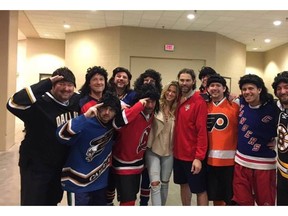 Like a bad game of Where's Waldo, members of the Travelling Jagrs pose with the real deal, Jaromir Jagr, himself. (Supplied)