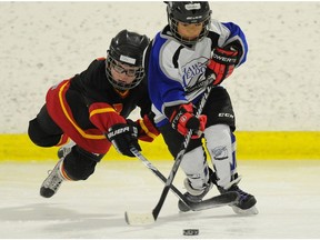 Stephen Fons from the Canyon Meadows Bolts keeps the puck from a diving Joh Kenney of the Bow Valley Flames in novice hockey at Frank McCool arena in Calgary, as part of Esso Minor Hockey Week on Jan. 12, 2015. (Stuart Dryde)