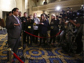 Mayor Naheed Nenshi speaks to reporters Tuesday after meeting with the Liberal cabinet at their retreat in Calgary.