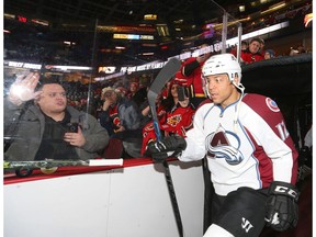Jarome Iginla enters the ice area during warmup before NHL game action between the Colorado Avalanche and the Calgary Flames at the Scotiabank Saddledome in Calgary, on Wednesday January 4, 2017. (Jim Wells)