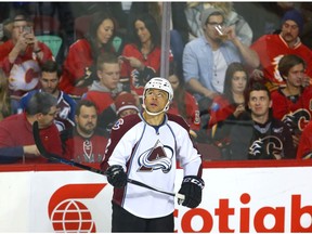 Colorado Avalanche forward Jarome Iginla watches the big screen against the Calgary Flames at the Scotiabank Saddledome in Calgary on Wednesday, Jan. 4, 2017. (Jim Wells)