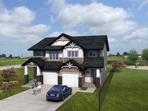 The front exterior of one of the duplexes offered by Slokker West in the new community of Georgetown at Reunion in Airdrie.