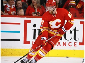 Calgary Flames defenceman Dougie Hamilton warms up before NHL action against the Edmonton Oilers at the Scotiabank Saddledome in Calgary on Saturday January 21, 2017.