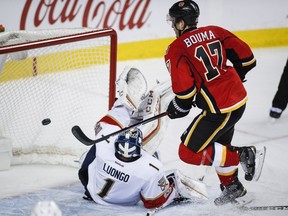 Florida Panthers goalie Roberto Luongo, left, tries to stop a goal from Calgary Flames' Lance Bouma during third period NHL hockey action in Calgary, Tuesday, Jan. 17, 2017.THE CANADIAN PRESS/Jeff McIntosh ORG XMIT: JMC113