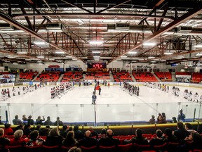 Mascot Deke attempts to hop the boards during Esso Minor Hockey Weekat the Max Bell Centre. (Ryan McLeod)