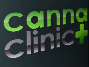 The Canna Clinic logo on the front window of its shop in Banff, Alta. on Jan. 10, 2017. Daniel Katz/ Bow Valley Crag & Canyon/ Postmedia Network