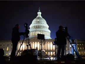 Media gather outside the U.S. Capitol Building on Jan. 20, 2017 in Washington, DC. for the swearing in of Donald Trump.