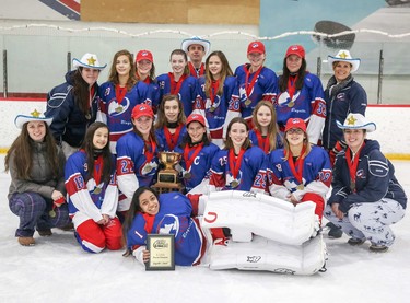 Calgary BV AU won the U14A division at the Esso Golden Ring ringette tournament in Calgary. Photo by Shannon Hutchison.