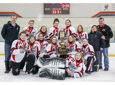 The St. Albert Rush won the U14B division at the Esso Golden Ring ringette tournament in Calgary. Photo by Shannon Hutchison.