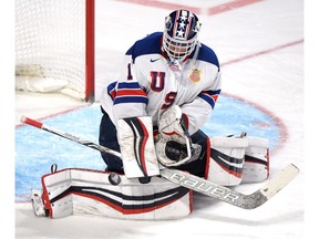 United States goaltender Tyler Parsons makes a save against Canada during second period gold medal game hockey action at the IIHF World Junior Championship, Thursday, January 5, 2017 in Montreal.