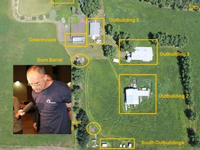Douglas Garland is seen along with a map of the property where he lived with his parents.