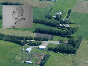 A sketch of Douglas Garland is seen on a photo of the rural property where he lived with his parents.