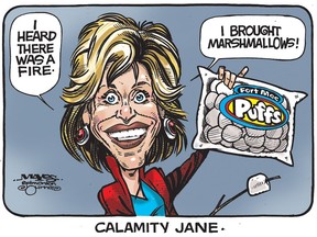 UPLOADED BY: Malcolm Mayes ::: EMAIL: mmayes:: PHONE: 780-288-3542 ::: CREDIT: Malcolm Mayes ::: CAPTION: Calamity Jane Fonda hears of fire, brings marshmallows to Fort McMurray. (Cartoon by Malcolm Mayes)