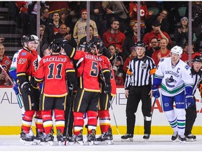 Mikael Backlund Calgary Flames celebrates after scoring against the Vancouver Canucks at Scotiabank Saddledome on Dec. 23, 2016. (Getty Images)