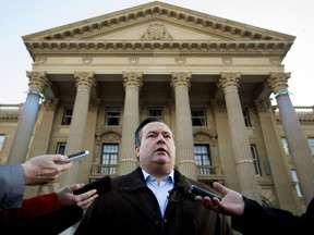 Alberta PC leadership candidate Jason Kenney speaks about the possibility of uniting Alberta's political right outside the Alberta Legislature, in Edmonton Thursday Jan. 26, 2017.