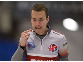 Skip Brendan Bottcher, watches his rock at the 2017 Alberta Boston Pizza Cup men's curling championship in Westlock,on Wednesday February 8, 2017. Greg  Southam / Postmedia  (To go with a Terry Jones column.) Photos for Terry Jones copy slated for Thursday, Feb. 9, 2017, editions.