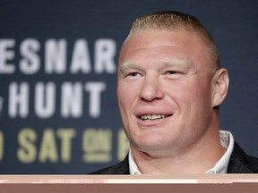 FILE - In this July 6, 2016, file photo, Brock Lesnar attends a UFC 200 mixed martial arts news conference in Las Vegas. Former UFC heavyweight champion Brock Lesnar has informed the mixed martial arts promotion that he is retired from competition. The UFC confirmed Lesnar&#039;s decision Wednesday, Feb. 15, 2017. (AP Photo/John Locher, File)
