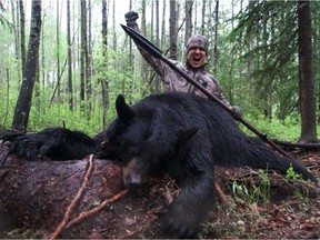 A YouTube video posted on June 5, 2016 shows American hunter Josh Bowmar spearing a black bear from about 12 to 15 yards away with a homemade spear. The hunt was near Swan Hills, about two hours north of Edmonton. Screen capture.