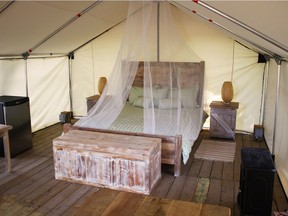 A yurt in comfort camping at Dinosaur Provincial Park. With these yurts you can enjoy the beauty of the outdoors with the comforts of a sturdy shelter and a comfy bed. The yurts are insulated, round, tent-like structures mounted on a wooden deck and completely equipped for your convenience and enjoyment. The park is a UNESCO world heritage site and is 48 kilometres Brooks, Alberta. Photo courtesy Alberta Tourism, Parks and Recreation