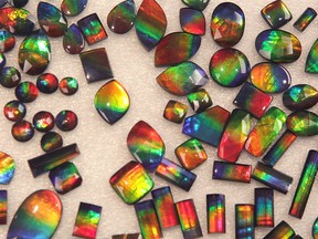 Jay Maull, President of Korite, shows finished pieces of ammolite in the company's office on Thursday February 16, 2017 in Calgary, Alta. The company has also been selected as an official jewelry provider for Canada's 150th birthday. Ammolite originates from prehistoric marine fossils that date back 71-million years. Tectonic pressure, heat and mineralization formed the gemstone. Multiple layers of the natural gemstone material create a beautiful array of color.Jim Wells/Postmedia