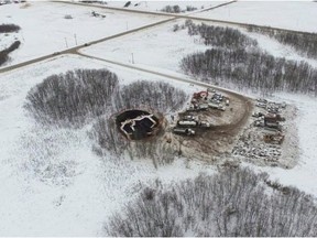 An aerial view of an oil pipeline spill is seen in a handout photo near Stoughton, Sask. The Saskatchewan government says it has confirmed which pipeline leaked 200,000 litres of crude oil on First Nation farmland. It says it belongs to Calgary-based Tundra Energy Marketing Ltd.