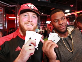 Calgary Stampeders Bo Levi Mitchell and Charleston Hughes were all aces as they got ready to take part in the 5th annual All In For Kids Charity Poker Tournament at Cowboys Casino on Monday February 6, 2017. The event is a fundraiser for local charity Kids Up Front. GAVIN YOUNG/POSTMEDIA NETWORK