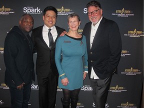 Cal0225 Trek 1 Joining Jennifer Martin, president and CEO of TELUS Spark at the Feb 3 gala opening of Star Trek: The Starfleet Academy Experience are Star Trek actors, from left, LeVar Burton (aka Lt. Commander Geordie La Forge), Garrett Wang (aka Ensign Harry Kim) and Jonathan Frakes ( aka Commander William Riker). The must-see exhibit runs through June 4.