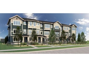 An artist's rendering of the front exterior of a new fee-simple townhome development by Excel Homes in the Cochrane community of Sunset Ridge.