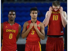 Calgary Dinos' David Kapinga, left to right, Torrez McKoy and Lars Schlueter watch the Carleton Ravens celebrate their CIS men's national university basketball championship final win in Vancouver, B.C., on Sunday March 20, 2016.