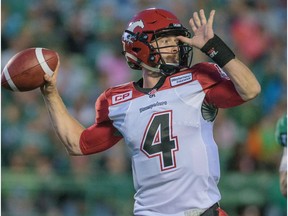 Calgary Stampeders quarterback Drew Tate throws a pass against the Saskatchewan Roughriders in Regina on June 19, 2015. The Ottawa Redblacks acquired the veteran backup in exchange for a 2018 fifth-round draft pick. The move comes after Calgary signed veteran quarterback Mitchell Gale on Wednesday. (The Canadian Press)
