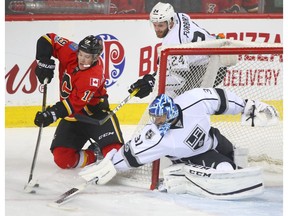 Calgary Flames forward Matthew Tkachuk tries a wrap around in front of L.A. Kings goalie Ben Bishop at the Scotiabank Saddledome in Calgary on Tuesday, Feb. 28, 2017. (Jim Wells/Postmedia)