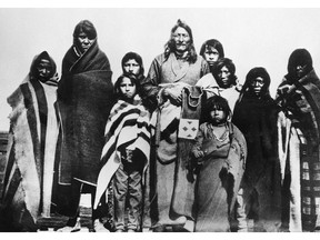 From the Getting on the Map: The Emergence of Calgary, Post-Confederation exhibit at the Lougheed House. Robert Goldthorpe Brook (1838-1917)
Chief Crowfoot and Family, 1884
Photographic reproduction